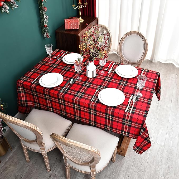 Red Tartan Waterproof Plaid Christmas Tablecloth Fabric - Square 58x58 Inch Classic Gingham Checker Holiday Table Cloth for Indoor Use - Xmas Table Cover for Picnics, BBQs, and Parties