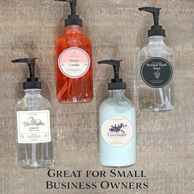 Cornucopia Brands 8oz Clear Glass Pump Bottles (4-Pack w/Black Plastic Pumps), Great as Essential Oil Bottles, Lotion Bottles, Soap Dispensers, and More