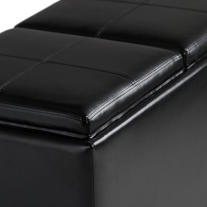 SIMPLIHOME Avalon 35 inch Wide Contemporary Rectangle 5 Pc Storage Ottoman in Midnight Black Vegan Faux Leather, Assembled, for the Living Room, Entryway and Family Room