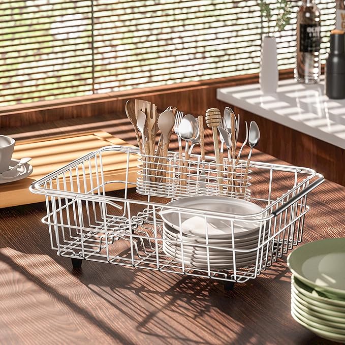 304 Stainless Steel Utensil Holder, Dish Drying Rack, kitchen Utensil Organizer, Knife and Fork Drainage Rack, Kitchen Drainage Basket Accessories, With Hooks, Rust Proof, Color-Silver