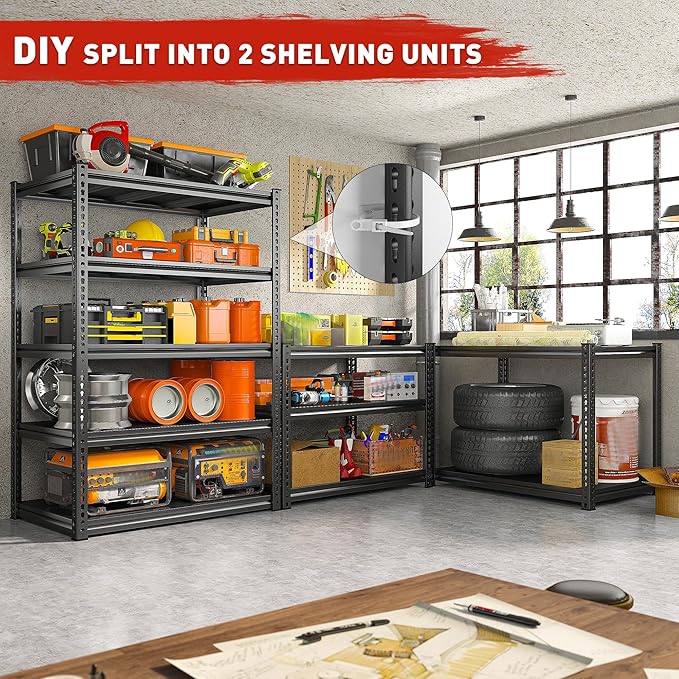REIBII 72" H Garage Shelving Load 2500 LBS, Heavy Duty Storage Shelves, 5-Tier Adjustable Garage Shelves for Warehouse, Basement, 72" H x36 W x18 D, Black, 2 Pack