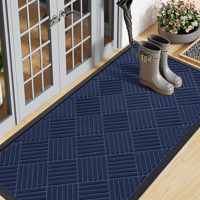 Smiry Front Door Mat Outside Entrance, Heavy Duty Outdoor Indoor Natural Rubber Doormat, Non Slip, Trap Dirt and Moisture, Easy Clean, Low Profile Patio Porch Entryway Mat, 47x23, Navy Blue