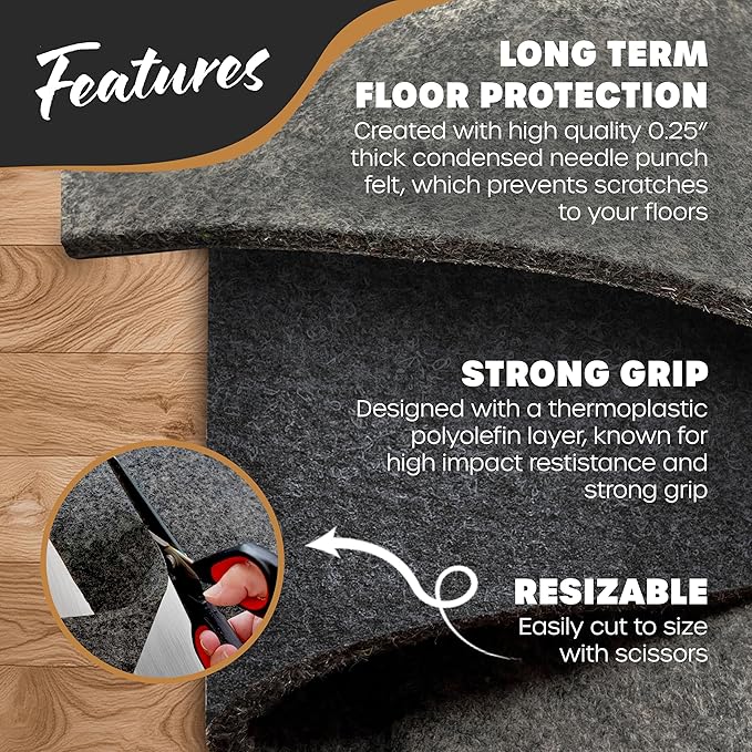 Nevlers 1/4" Felt Rug Pad 8 x10 Ft| Rug Pad Non Slip Felt & TPO | Area Rug Padding 8x10 Anti Skid Rug Gripper | Non Slip Rug Grippers for Area Rugs on Hardwood Floors | Rug Stoppers to Prevent Sliding