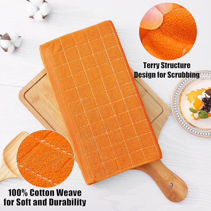 Homaxy 100% Cotton Terry Kitchen Dish Cloths, Ultra Soft and Absorbent Dish Towels for Kitchen, Perfect for Drying and Washing Dishes, 12 Pack, 12 x 12 Inches, Orange