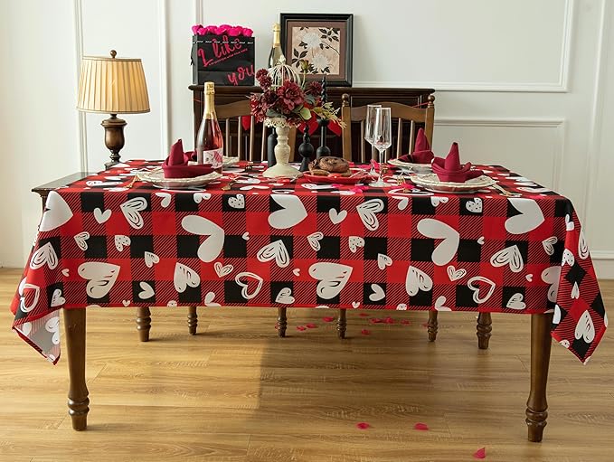 Red Gingham Plaid Love Heart Tablecloth - Valentines Day Rectangular 58x102 Inch Water Resistant Table Cloth for Indoor/Outdoor Use - Holiday Table Cover for Kitchen, Picnics, and Parties