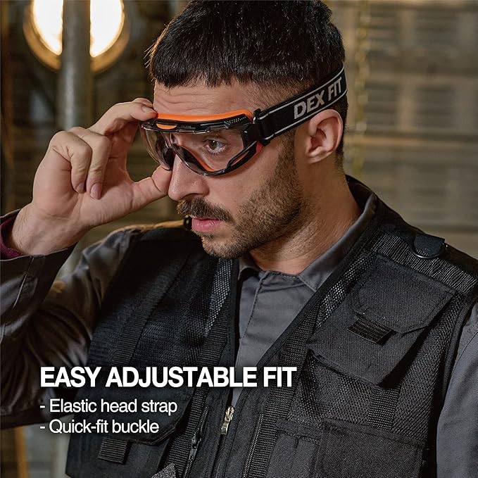 DEX FIT Protective Safety Goggles SG220; Anti Fog & Scratch, Z87 Eye Protection for Lab, Science, and Chemistry Work, Adjustable for Women and Men, (Black & Orange Frame, Clear Lens, 30cm Strap)
