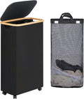 efluky Slim Laundry Basket with Wheels, Narrow Rolling Laundry Hamper with Lid and Removable Bag, Aesthetic Dirty Clothes Hamper on Wheels for Laundry Room, Bedroom, Dorm and Bathroom, 75L Dark Black