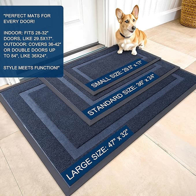 OLANLY Front Door Mat Indoor Outdoor Entrance, Waterproof All-Season, All-Weather Doormat, Sturdy Natural Rubber, Fade Resistant, Low Profile, Easy Clean Patio Porch Entryway Mat, 71x23, Blue