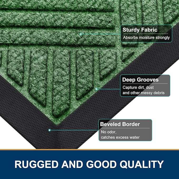 Smiry Front Door Mat Outside Entrance, Heavy Duty Outdoor Indoor Natural Rubber Doormat, Non Slip, Trap Dirt and Moisture, Easy Clean, Low Profile Patio Porch Entryway Mat, 47x23, Green