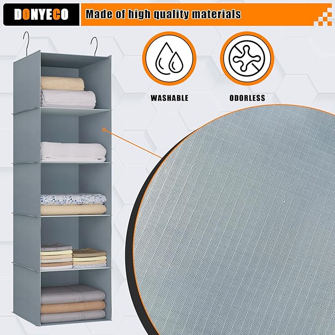 Hanging Closet Organizer 5-Shelf, Easy Mount Foldable Wardrobe Storage Shelves, Clothes Handbag Shoes Accessories, Washable Oxford Cloth Fabric, Gray
