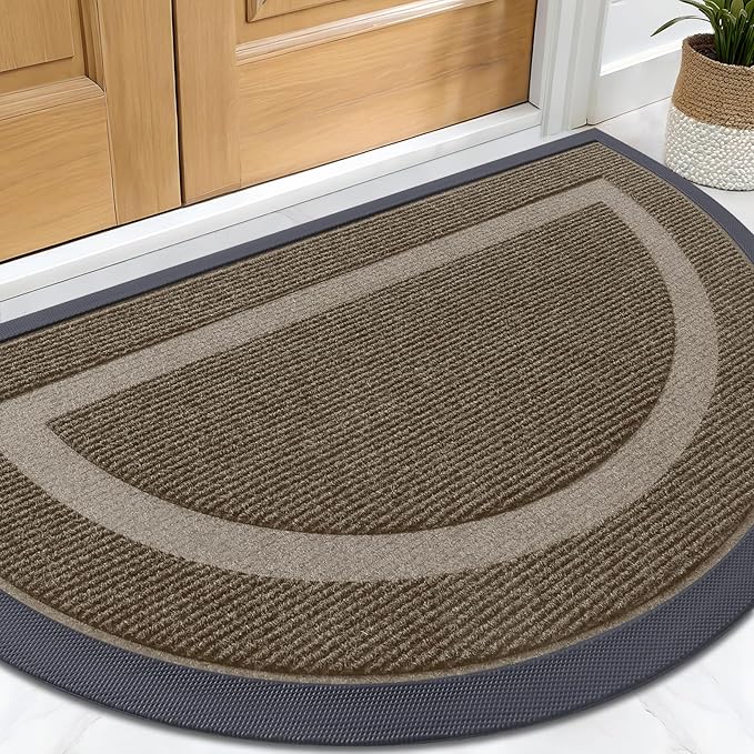 OLANLY Half Circle Door Mat Indoor Outdoor Entrance Welcome, Waterproof All-Season, All-Weather Doormat, Sturdy Natural Rubber, Low Profile, Easy Clean Patio Porch Entryway Mat, 29.5x17, Brown