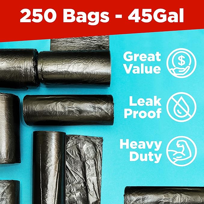 ToughBag 40-45 Gallon Trash Bags Heavy Duty (250 Count) | Black Garbage Bags | Made In USA