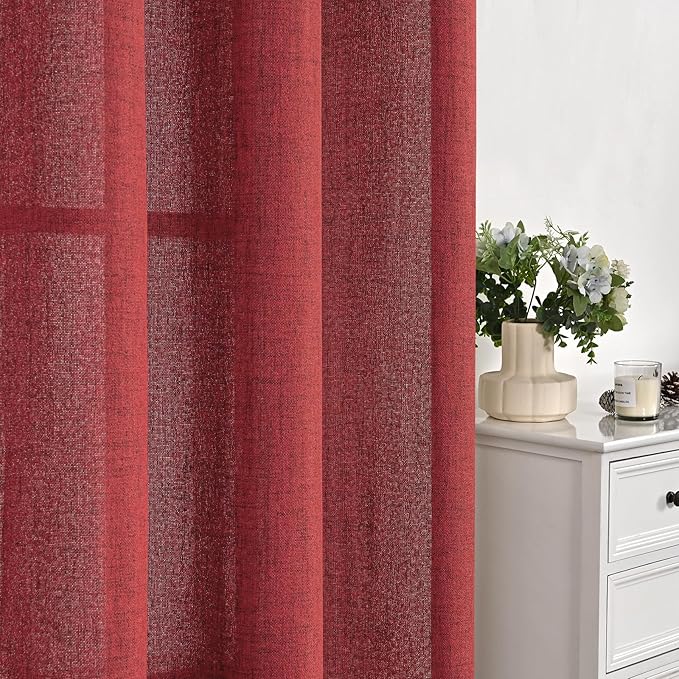 YoungsTex Red Linen Curtains 54 Inch Length for Kitchen, Light Filtering Semi Sheer Small Window Drapes Rod Pocket Back Tab for Christmas Living Room Cafe, 2 Panels, 42 X 54 Inch