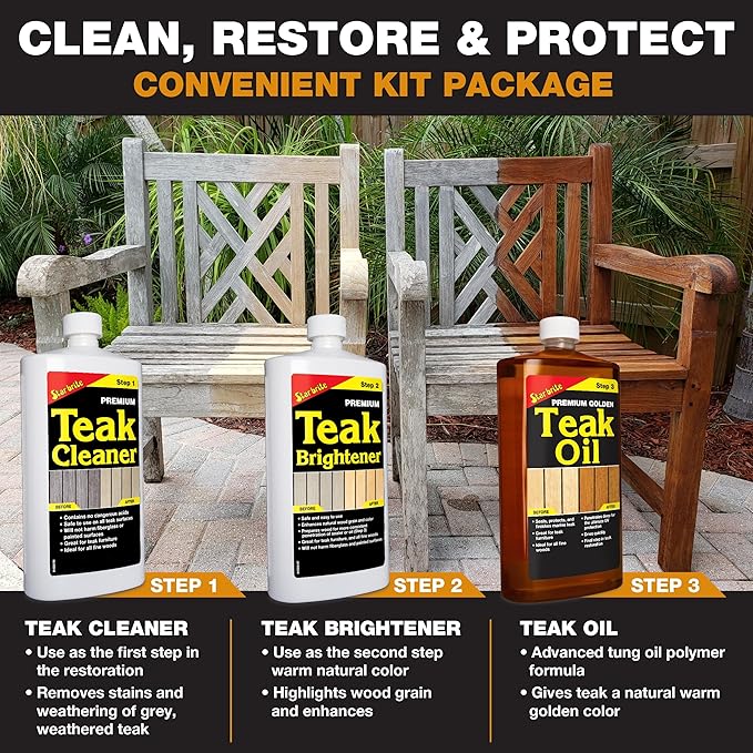 STAR BRITE Teak Kit - Restore Decks, Patio, Outdoor Furniture, Boats & Fine Wood - Marine Grade Teak Cleaner & Brightener Set With Premium Golden Teak Oil Finish - Renew, Refinish & Protect (081202)