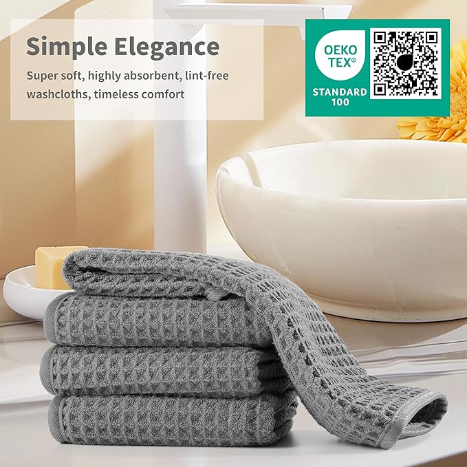 Microfiber Waffle Face Towels, 2 Pieces, Soft, Absorbent, Fast Drying, Lint Free (Gray)