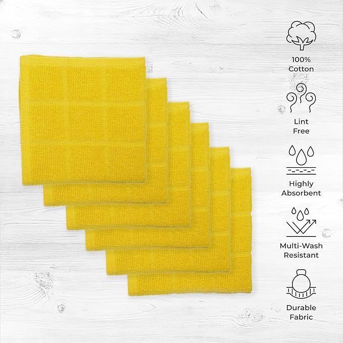 100% Cotton Terry Dish Cloth & Dish Towel, 6 Pack, Super Soft and Absorbent Kitchen Towels, Perfect for Kitchen Cleaning and Dish Washing (Yellow 6 Pack)
