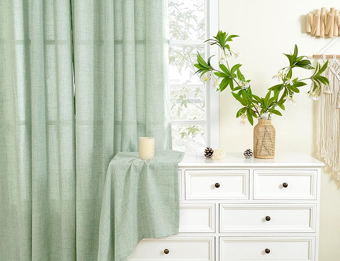 YoungsTex Sage Green Linen Semi Sheer Curtains 40 Inch Length for Kitchen Window, Short Drapes Light Filtering with Rod Pocket Back Tab for Cafe Bathroom, 2 Panels, 42 X 40 Inch