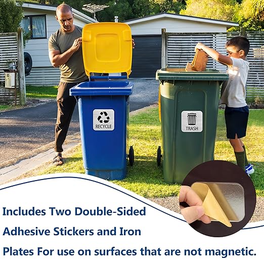 Recycle and Trash Magnets Sticker for Recycling Bins and Kitchen Cans, 2 Magnetic Sticker Adhesives for Garbage Containers, Outdoor Waste Bin