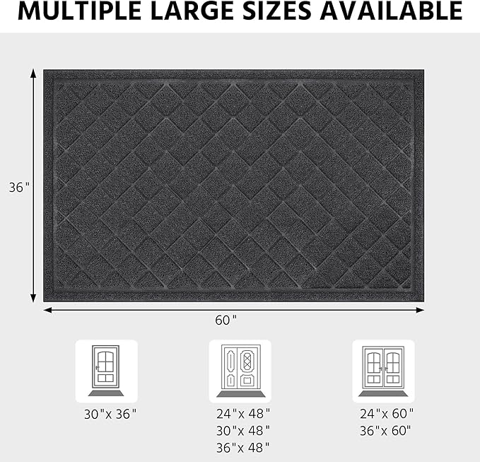 Front Door Mat Indoor Outdoor Entrance, 36" x 60" Heavy Duty All-Season All-Weather Waterproof Doormat Trap Dirt and Moisture Easy Clean Low Profile Patio Porch Entryway Mat