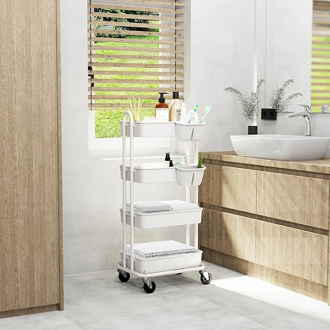 Simple Houseware 4-Tier Multifunctional Rolling Utility Cart with Hanging Buckets, White