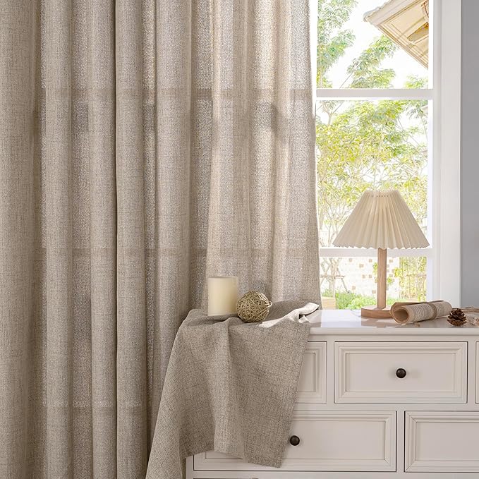 YoungsTex Dark Oatmeal Linen Curtains 48 Inch Length for Short Kitchen Window, Textured Semi Sheer Drapes Light Filtering with Rod Pocket Back Tab for Bathroom Living Room, 2 Panels, 42 X 48 Inch