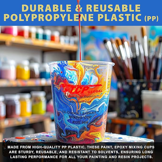 Custom Shop Paint Mixing Cups, 64-Ounce (Box of 100) - Plastic Measuring Cups for Liquids, Automotive Painting, Epoxy Resin, Acrylic Arts, Crafts, Disposable or Reusable, Graduated, Mixing Ratios