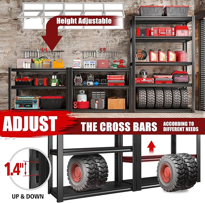 Raybee Storage Shelves 2000LBS Garage Shelving Heavy Duty, 5-Tier Adjustable Garage Shelves, Metal Shelving for Garage, Basement, Warehouse, Pantry, 72" H x 31.5" W x 16.5" D, 2PC, Black