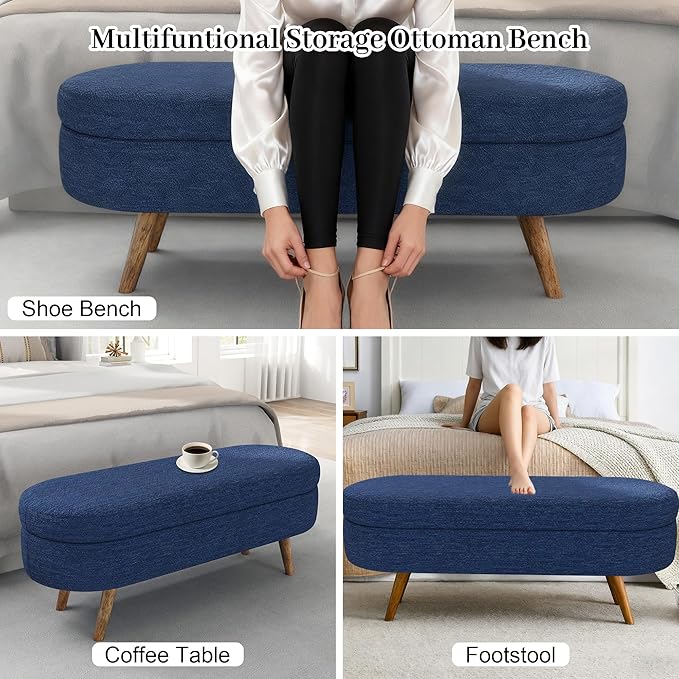 Storage Bench, 43" Storage Ottoman Bench, Shoe Storages Benches for Bedroom, Upholstered Entryway Benches with Seating, Rubber Wood Legs for Bedroom, Living Room, Entryway, Bed Side, Blue