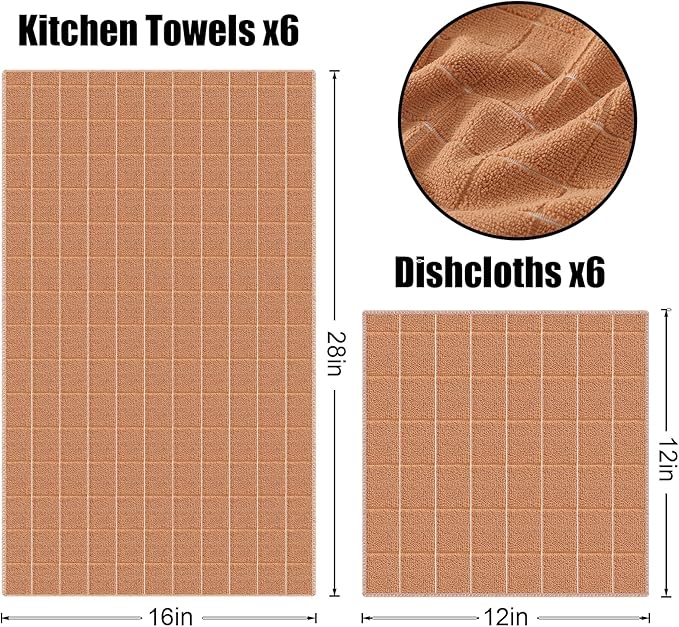 Homaxy Microfiber Kitchen Towels and Dishcloths Set, 12 Pack Soft and Absorbent Dish Hand Towels Bulk, 28 x 16 Inch & 12 x 12 Inch Quick Drying Rags for Washing Dishes, Camel
