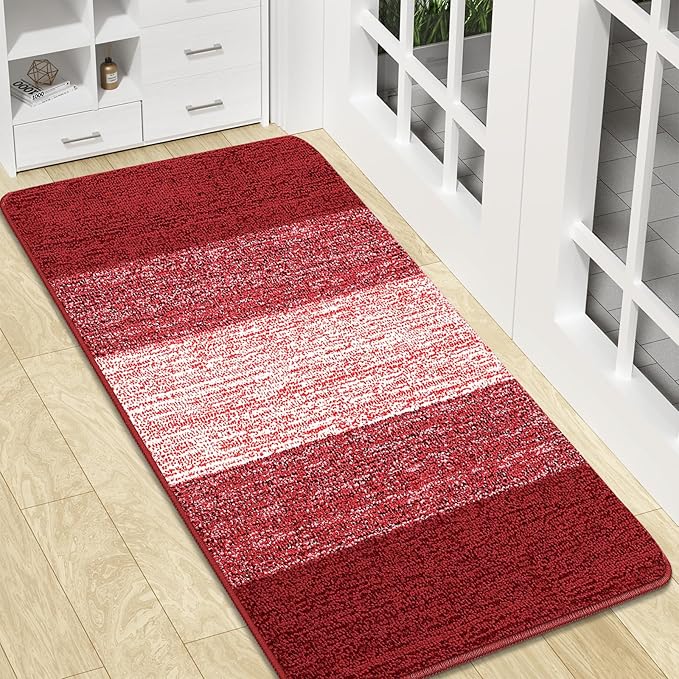 Kitinjoy Indoor Outdoor Door Mat, 47x20 Non-Slip Absorbent Dirt Trapper, Low-Profile Washable Inside Entrance Front Floor Mat, Sturdy Soft Entry Doormats for Entryway, Burgundy