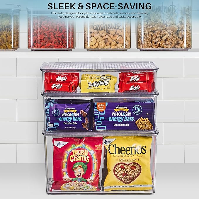 Sorbus Sturdy Plastic Storage Bins with Lid- Stackable Refrigerator Organizer Bins- MultiPurpose Versatile Lightweight Pantry Organizer- Perfect Cabinet Organizer and Storage for Kitchen- 2 Pack (S,M)