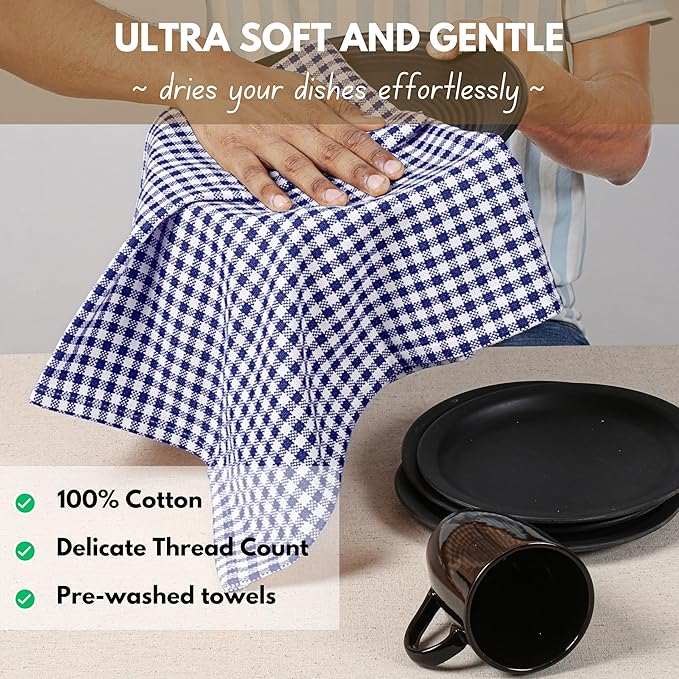 Native Fab 6 Pack Gingham Mini Check Kitchen Hand Towels Set 16"x26" - 100% Cotton Absorbent Reusable Wash Cloths - Quick Drying Dish Towels with Hanging Loops for Kitchen, Blue White