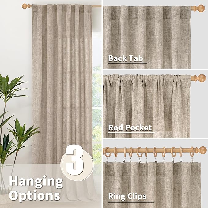 YoungsTex 90 Inch Length Linen Semi Sheer Curtains for Living Room, Dark Oatmeal Light Filtering Drapes with Rod Pocket Back Tab Textured Burlap for Bedroom, 52 X 90 Inch, 2 Panels