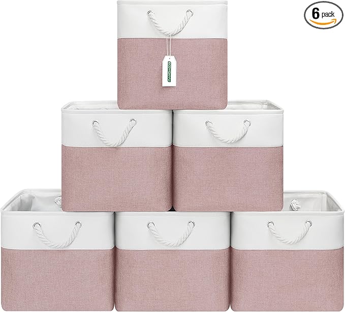 13x13 Inch Cube Storage Bins with Reinforced Bottom Cardboard, 6 Pack Large Collapsible Fabric Storage Cubes with Handles for Shelf, Closet, Toy, Laundry Organization (White&Pink)