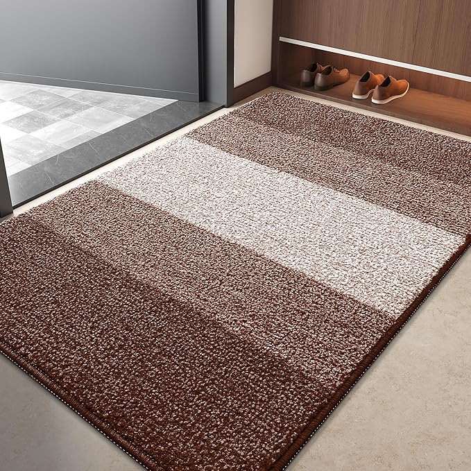 Kitinjoy Indoor Outdoor Door Mat, 40x32 Non-Slip Absorbent Dirt Trapper, Low-Profile Washable Inside Entrance Front Floor Mat, Sturdy Soft Entry Doormats for Entryway, Brown