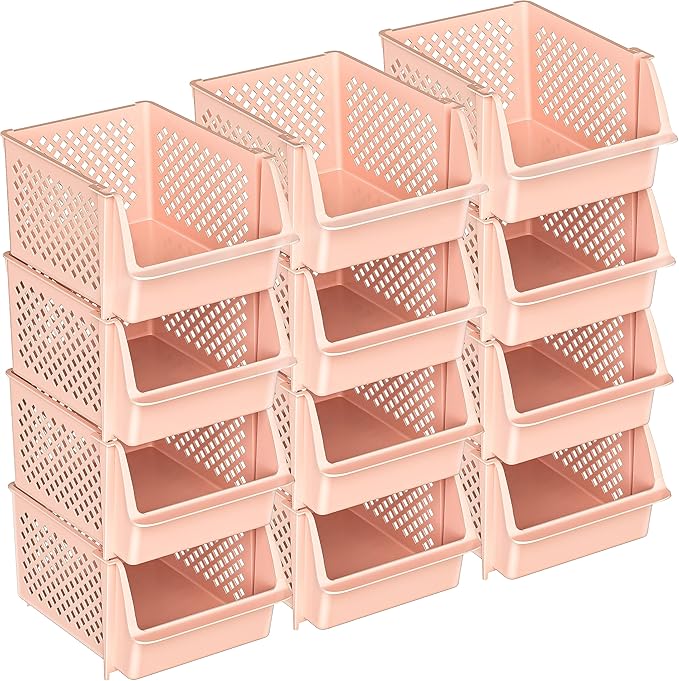 Skywin Stackable Storage Bins for Pantry, 12 Pack Stackable Bins For Organizing Food, Kitchen, and Bathroom Essentials (Light Pink)