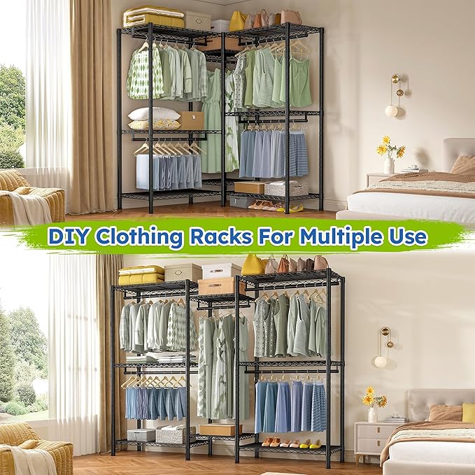 Raybee Clothes Rack Heavy Duty，Clothing Racks for Hanging Clothes with 5 Adjustable Hanging Rods, Metal Garment Rack for Bedroom, Laundry Room, Apartment,Gloss Black