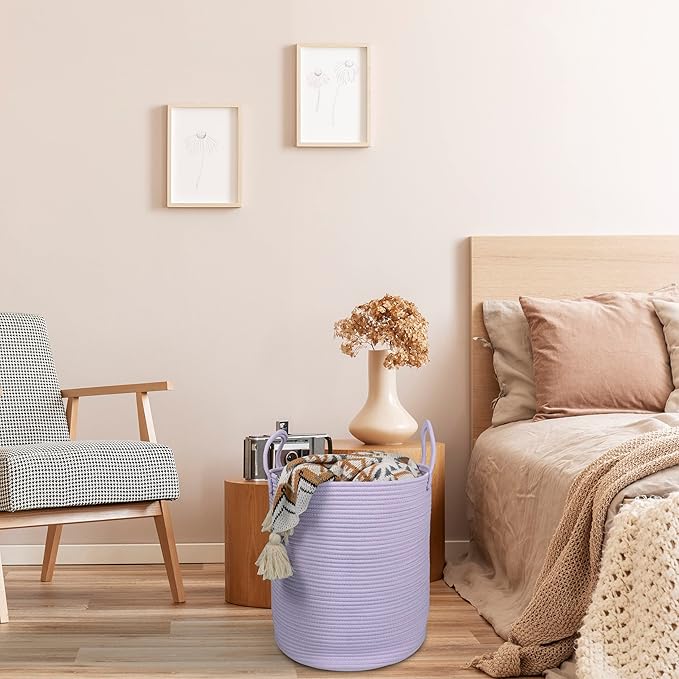 Rope Laundry Basket Hamper for Clothes Woven Storage Basket for Living Room Bedroom Boho Tall Rope Baskets for Blanket Toys Pillow Towels Baby Nursery Hamper Bin Large purple or lavender