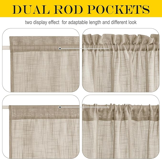 NICETOWN Privacy Sidelight Curtain Short - 40 inches Length Semitransparent Faux Linen Privacy with Enough Light French Door Panel Curtain with Tie Back (Taupe, Sold Individually, 30 inches Wide)