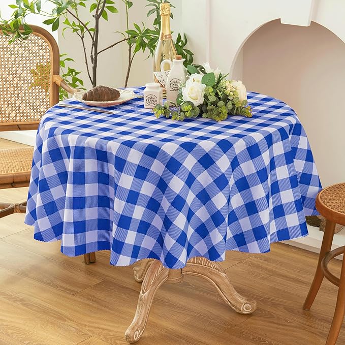 Waterproof Plaid Tablecloth Fabric - Round 90 Inch Classic Gingham Checker Table Cloth for Indoor/Outdoor Use - Buffalo Table Cover for Picnics, BBQs, and Parties