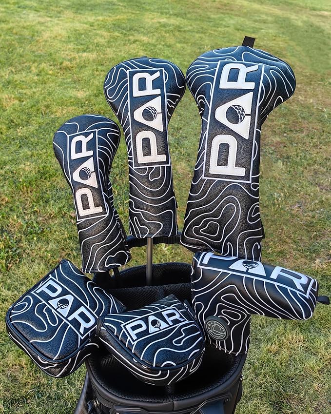 Big Teeth Golf Club Covers Full Set Driver Headcover Fairway Wood Hybrid Golf Club Iron Head Covers, Topographic Edition Putter Cover Leather Golf Head Covers Pure Black, Gifts for Men
