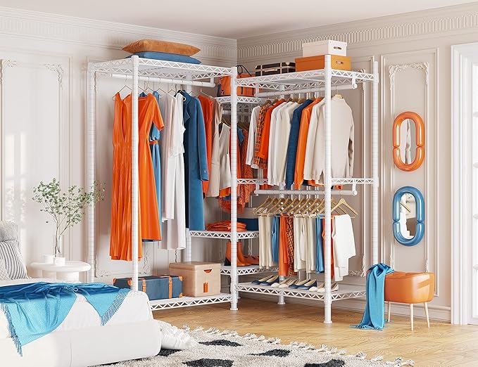 Raybee Clothing Racks for Hanging Clothes Heavy Duty Clothes Rack Load 750LBS Garment Rack, 77" H x 70.5" W x 13.8" D, White