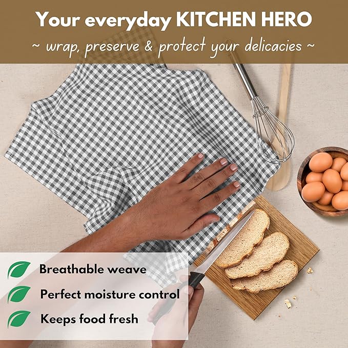 Native Fab Gingham Kitchen Towels 6 Pack, 100% Cotton 16x26 Inch, Absorbent & Washable Tea Towels, Soft Dish Cloths with Hanging Loop for Drying & Cleaning, Grey White