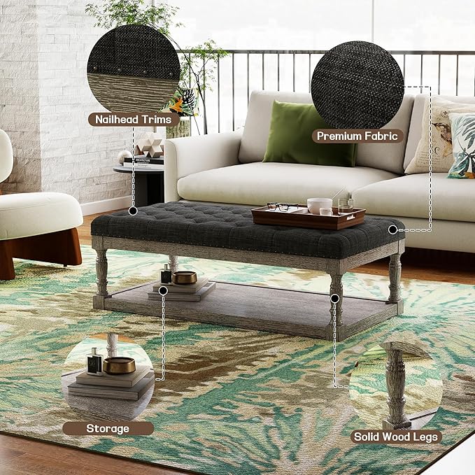 48" Large Ottoman with Storage Coffee Table, Upholstered Tufted Linen Ottoman Bench with Solid Wood Shelf for Living Room, Bedroom, Holds 250lbs (Dark Gray)