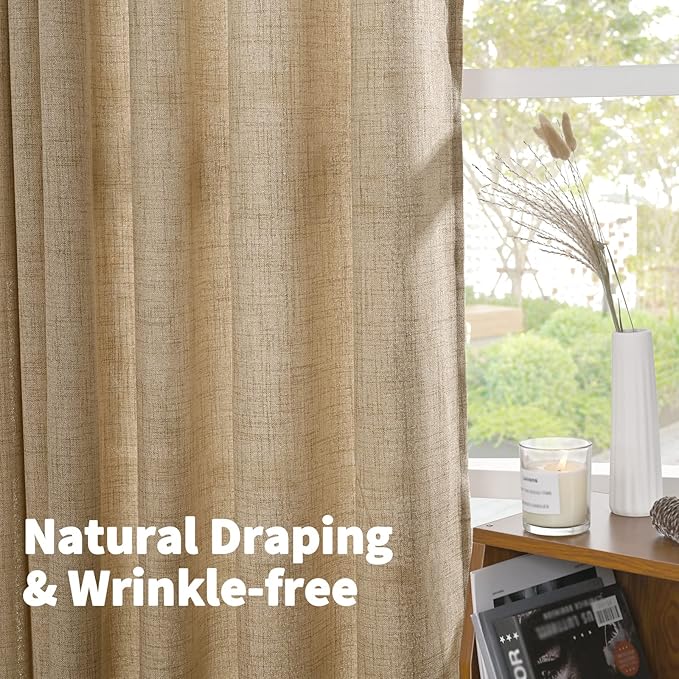 YoungsTex Burlap Linen Curtains 63 Inch Length for Living Room Window, Textured Semi Sheer Drapes Light Filtering with Rod Pocket Back Tab for Farmhouse Bedroom, Toffee, 52 X 63 Inch, 2 Panels
