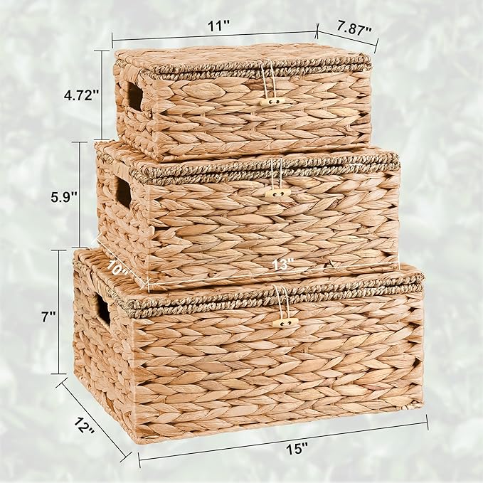 Wicker Storage Baskets with Lids and Handles, Hand Woven Rattan Storage Bins Box, Set 3 Natural Water Hyacinth Decorative Large Small Basket Container for Shelves, Bathroom Organizing