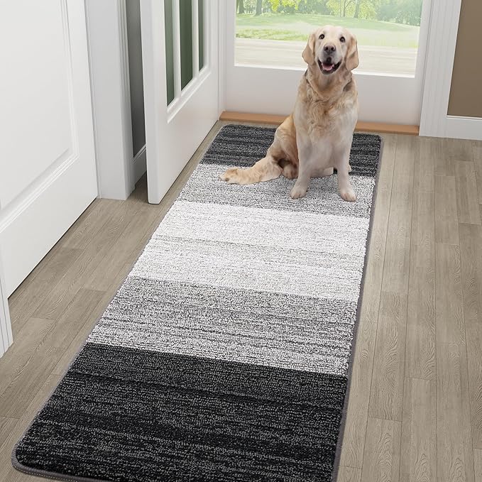 Kitinjoy Indoor Outdoor Door Mat, 48x30 Non-Slip Absorbent Dirt Trapper, Low-Profile Washable Inside Entrance Front Floor Mat, Sturdy Soft Entry Doormats for Entryway, Grey