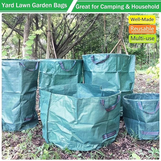Professional 3-Pack 137 Gallon Lawn Garden Bags (D34, H34 inches) Big Yard Waste Bags with Garden Gloves, Extra Large Reusable Leaf Bags,Garden Clippings Bag,Leaf Container,Yard Trash Bags 4 Handles