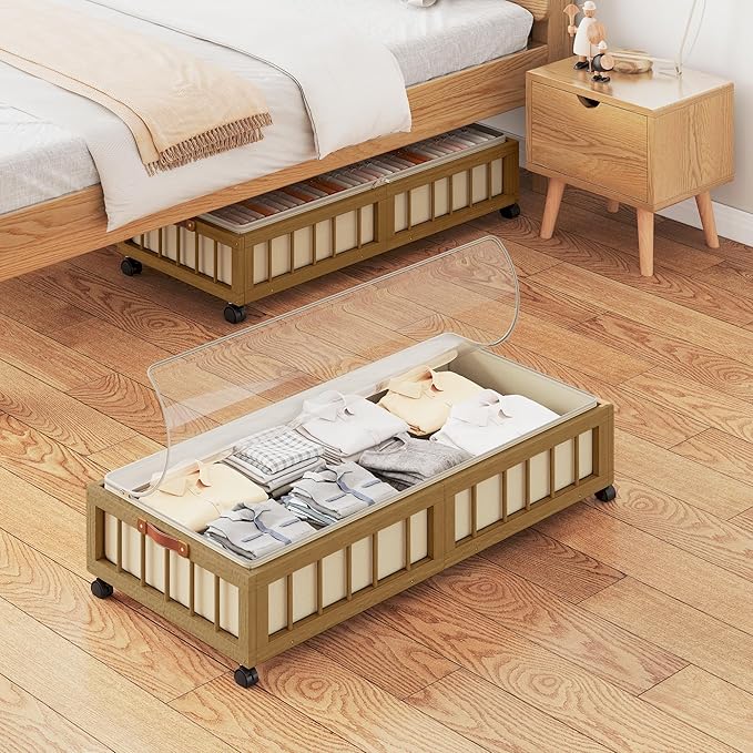 efluky 2-Pack Bamboo Under Bed Storage with Wheels, Rolling UnderBed Storage Basket with Large Dust Bag, Under Bed Storage Containers for Bedroom, Dorm and Basement, Brown