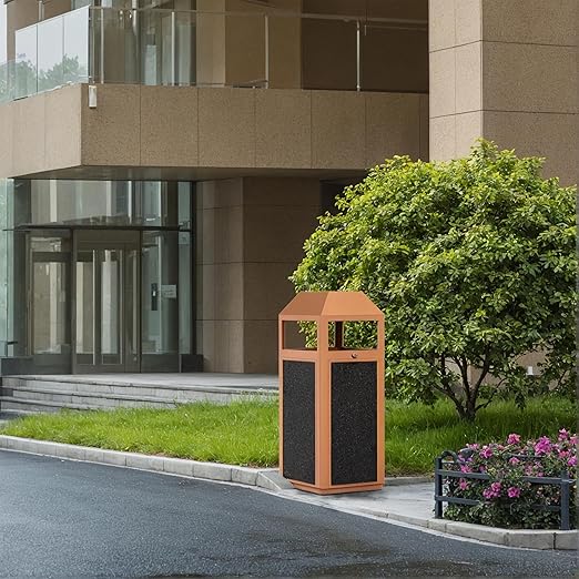 Commercial Metal Outdoor Trash Can with Lid, Lockable Outdoor Garbage Can with Nature Stone Panels, Heavy-Duty Rustproof Trash Bin with Removable Liner for Parks & Public Spaces